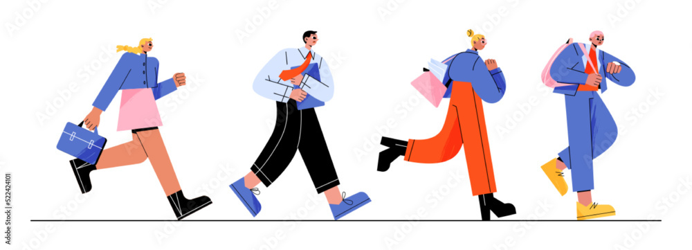 Businessmen and women run to work. Vector flat illustration of employee characters in suits with briefcase, bag and papers rush and hurry to office or business aim Businessmen and women run to work. Vector flat illustration of employee characters in suits with briefcase, bag and papers rush and hurry to office or business aim