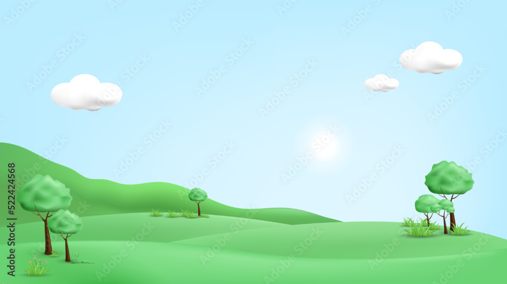 Fototapeta premium 3d landscape mountain and hills illustration with 3d trees, cloud and sun. vector illustration.