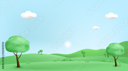 3d landscape mountain and hills illustration with 3d trees, cloud and sun. vector illustration.
