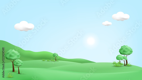 3d landscape mountain and hills illustration with 3d trees  cloud and sun. vector illustration.