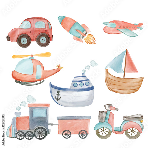 set of various of transportation watercolor illustration collection