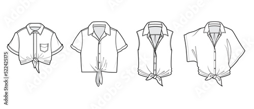 womens blouse flat sketch vector illustration front tie knot shirt blouse technical cad drawing.