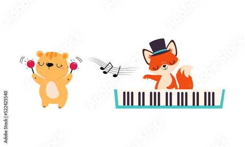 Set of cute animals playing musical instruments set. Baby bear and tiger playing maracas and piano cartoon vector illustration