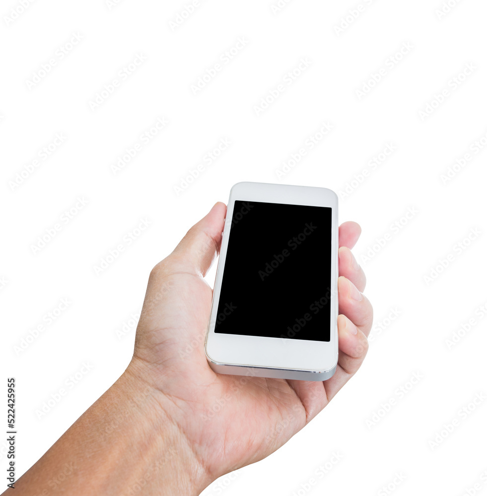 Hand holding mobile phone isolated