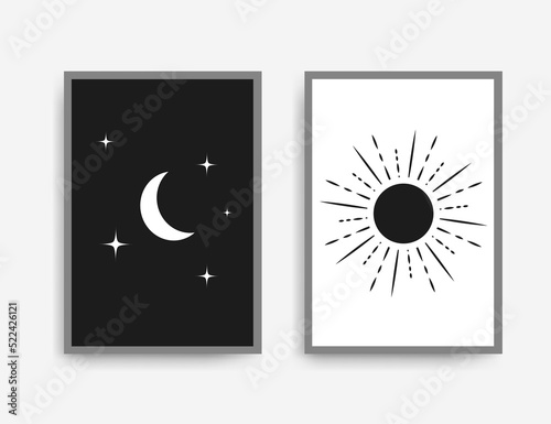 Sun and moon art prints vector set. Wall decor in Mid Century Modern style. Boho prints set. Geometric abstract minimal wall art set design for posters, printable. Vector design