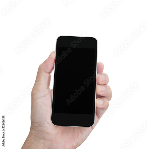 Hand holding mobile phone isolated