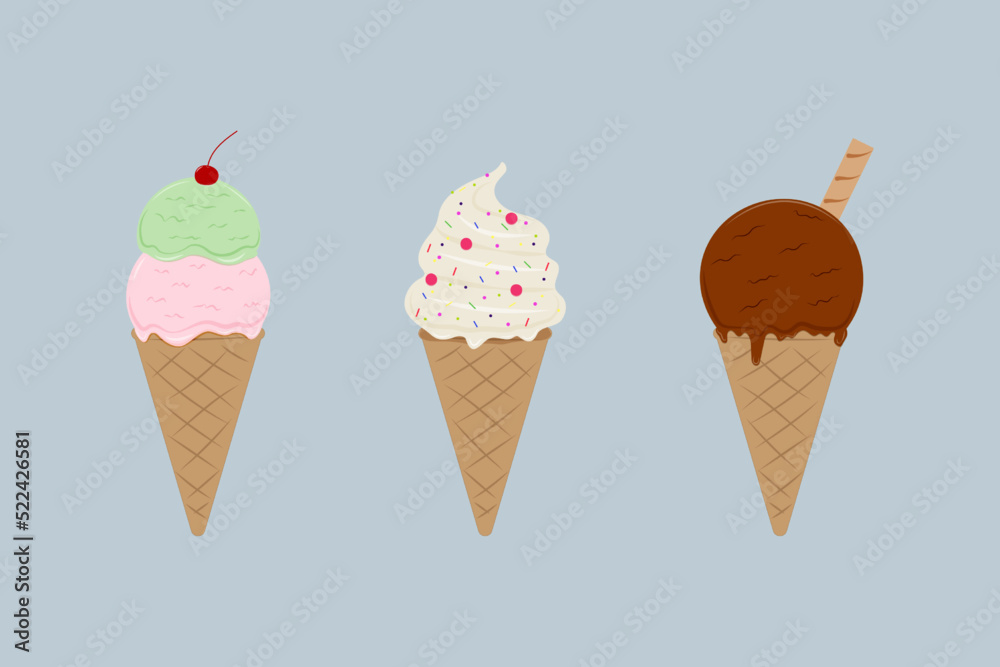A set of three ice creams with different flavors and decorations, with a cherry, confetti and a cookie