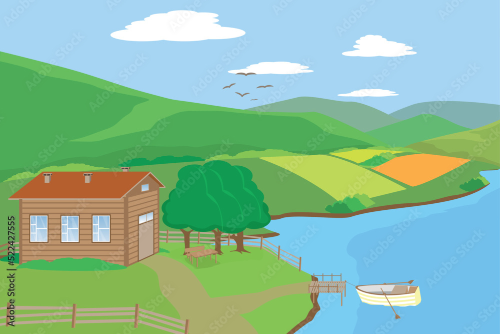 a cute house by the lake with the boat in it and a wonderful view
