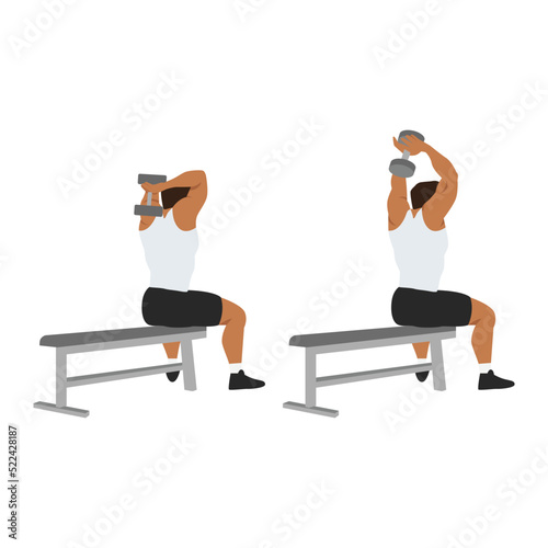 Man doing Dumbbell overhead triceps extension exercise. Flat vector illustration isolated on white background
