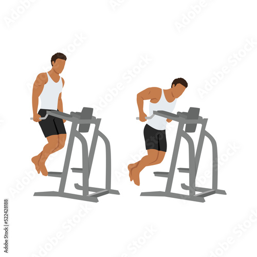 Man doing parallel dip bar exercise. Flat vector illustration isolated on white background