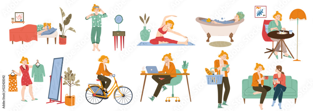 Woman daily routines set. Vector flat illustration of girl sleep, clean teeth, take bath, doing yoga, eat breakfast, choose clothes, then ride on bike, work on computer, shop and talk with friend