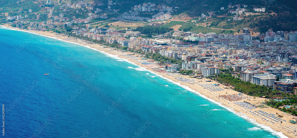 Beautiful panorama of the famous Cleopatra beach of the Mediterranean resort town of Alanya.