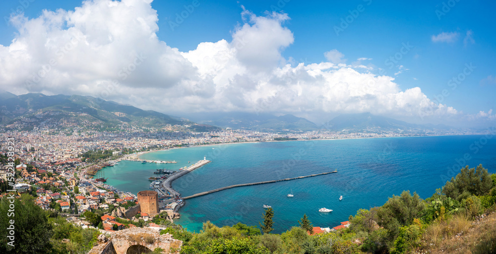Beautiful view from the side of the ancient fortress on the port of the Mediterranean resort town of Alanya.