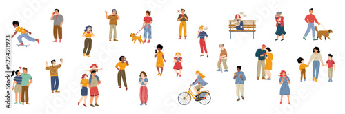 People crowd, group of diverse characters, modern community, city dwellers, audience. Young and old men or women, kids, teenagers, mother with children, couples, pets Line art flat vector illustration