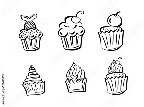 Set of cupcakes and muffins with cream and cherry. Hand drawing desserts in doodle style.