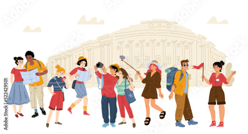 Tourists travel, excursion with guide. People group with backpacks, map and photo cameras traveling, characters visiting sightseeing and landmarks in abroad trip, Line art flat vector illustration