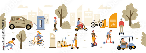 People riding eco transport in city, young characters use green electric car, scooter, hoverboard, monowheel, skateboard and bicycle nature friendly transportation, Line art flat vector illustration photo