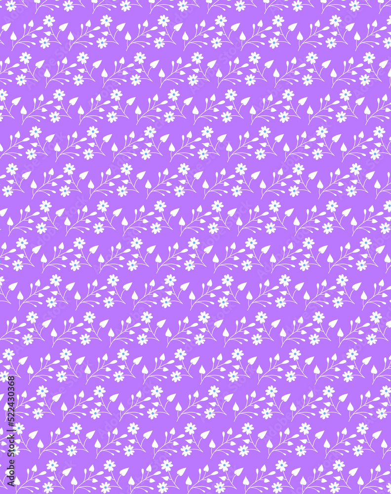 Abstract white flowers and leaves isolated on a delicate lilac violet background Fabric, paper print design