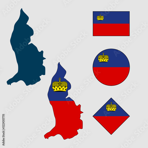 Vector of Liechtenstein map flag silhouette with flag set isolated on white background. Collection of Liechtenstein flag icons with square, circle, rectangle and map shapes.