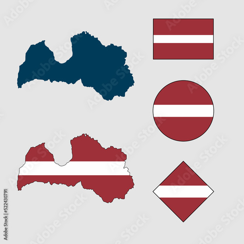 Vector of Latvia country outline silhouette with flag set isolated on white background. Collection of Latvia flag icons with square  circle  rectangle and map shapes.