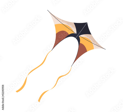 Wind air kite flying, floating. Flight of paper tethered toy with wings, tail. Kids summer entertainment object design for playing. Flat vector illustration isolated on white background