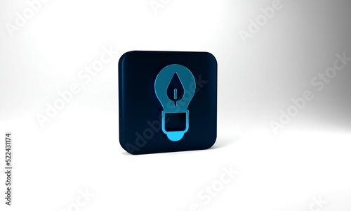 Blue Light bulb with leaf icon isolated on grey background. Eco energy concept. Alternative energy concept. Blue square button. 3d illustration 3D render