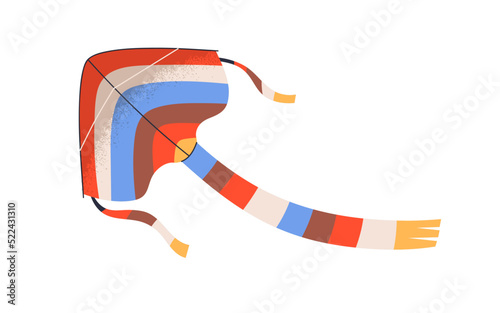Wind kite flying, floating in air. Paper tethered toy design. Kids entertainment striped colorful object with wings, chord tail. Flat vector illustration isolated on white background