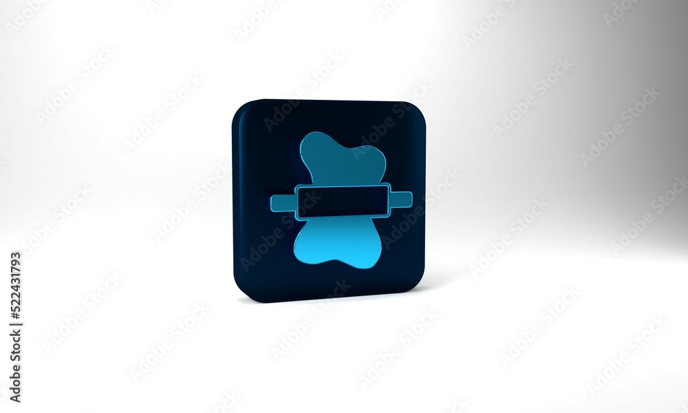 Blue Rolling pin on dough icon isolated on grey background. Blue square button. 3d illustration 3D render Blue Rolling pin on dough icon isolated on grey background. Blue square button. 3d illustration 3D render