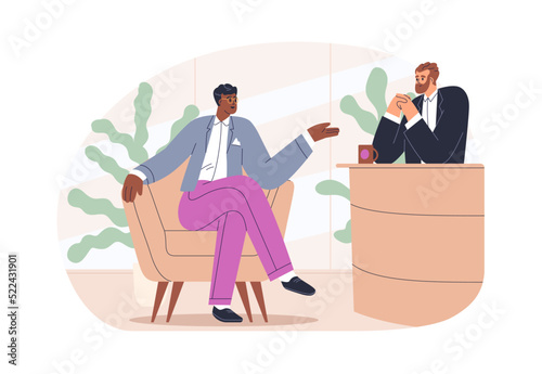 Celebrity talking to host at late night show interview. Conversation, dialog with star guest, black man sitting in armchair in TV studio. Flat graphic vector illustration isolated on white background