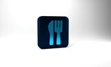 Blue Crossed knife and fork icon isolated on grey background. Cutlery symbol. Blue square button. 3d illustration 3D render