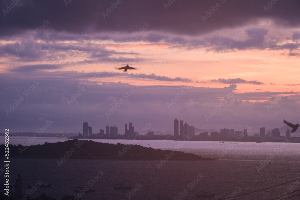 Naklejka premium sunset over the city with fog