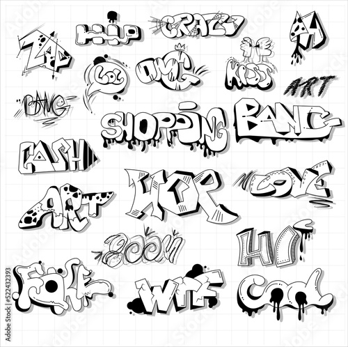 Elements of inscriptions in the style of street graffiti, modern slogans are isolated on a white background. The art of spray painting Creative colorful handwriting with streaks and drops