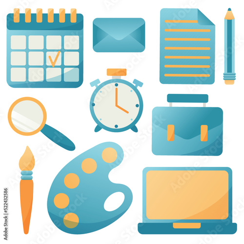 Set of flat illustrations of school supplies for study kids and adults. 