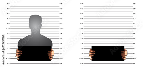 Police background measuring lines mugshot in US standard and banner on two hands