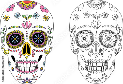 Coloring book. Day of the dead, Dia de los moertos, banner with colorful Mexican flowers. Vector skeleton skull in sombrero. Smiling sugar festive skull. Fiesta, holiday poster, party flyer, funny gre photo