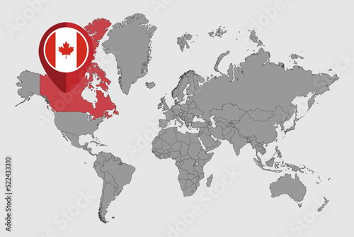 Pin map with Canada flag on world map.Vector illustration.
