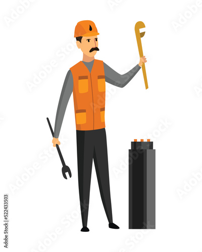 Oil petroleum industry. Engineer or oilman in professional work process isolated. Repair extraction or transportation oil and petrol on flat cartoon icon. Isolated vector illustration