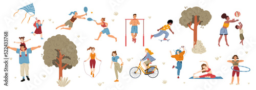 People outdoor activities, men, women, family characters playing badminton, kite, do sports and yoga exercises, riding skateboard and bicycle, parents fun with kids, Line art flat vector illustration