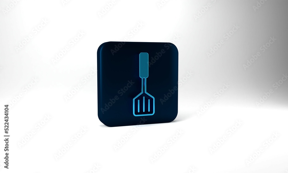 Blue Spatula icon isolated on grey background. Kitchen spatula icon. BBQ spatula sign. Barbecue and grill tool. Blue square button. 3d illustration 3D render Blue Spatula icon isolated on grey background. Kitchen spatula icon. BBQ spatula sign. Barbecue and grill tool. Blue square button. 3d illustration 3D render