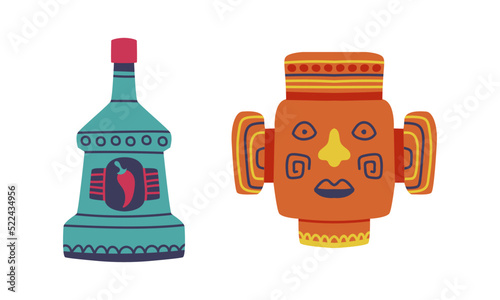 Mexican aztec mask and bottle of traditional Mexican alcohol drink cartoon vector illustration