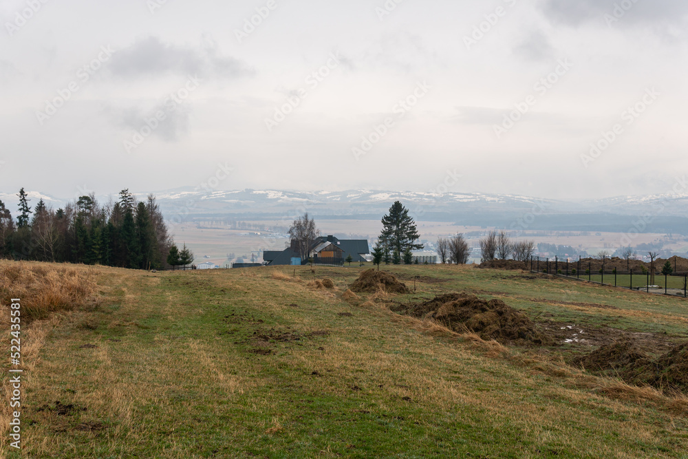 Fototapeta premium A beautiful panoramic landscape of mountains in grey rainy weather in Europe. Wooden summer house, cottage, beautiful nature. Breathtaking view. 
