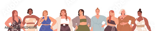 Women group with plump chubby fat bodies. Diverse beautiful girls with pretty curvy plus-size figures. Modern chunky female characters border. Flat vector illustration isolated on white background