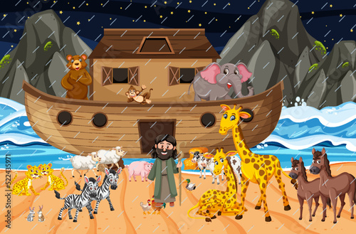 Ocean scene with Noah's ark with animals