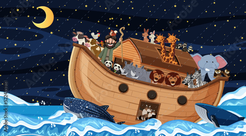 Ocean scene with Noah's ark with animals