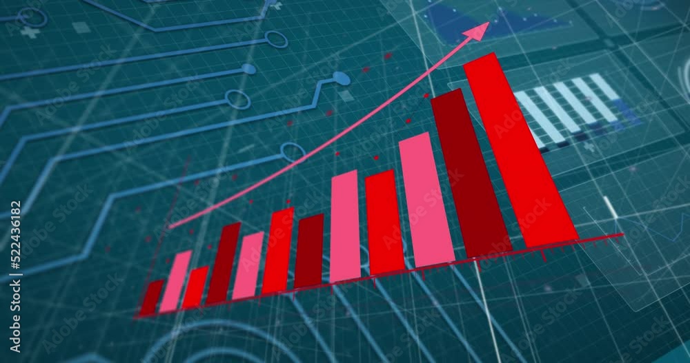Animation of red graph over motherboard, charts and data processing