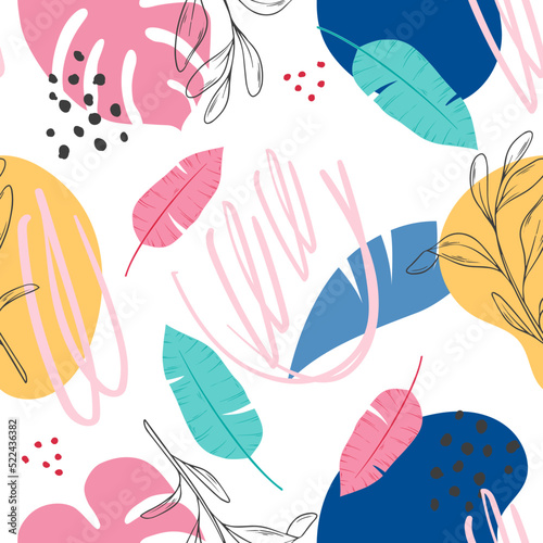 Vector colorful hand-drawn tropical seamless pattern. Modern print with tropical leaves  monstera  banana leaves  spots  dots and doodle. On a white background.