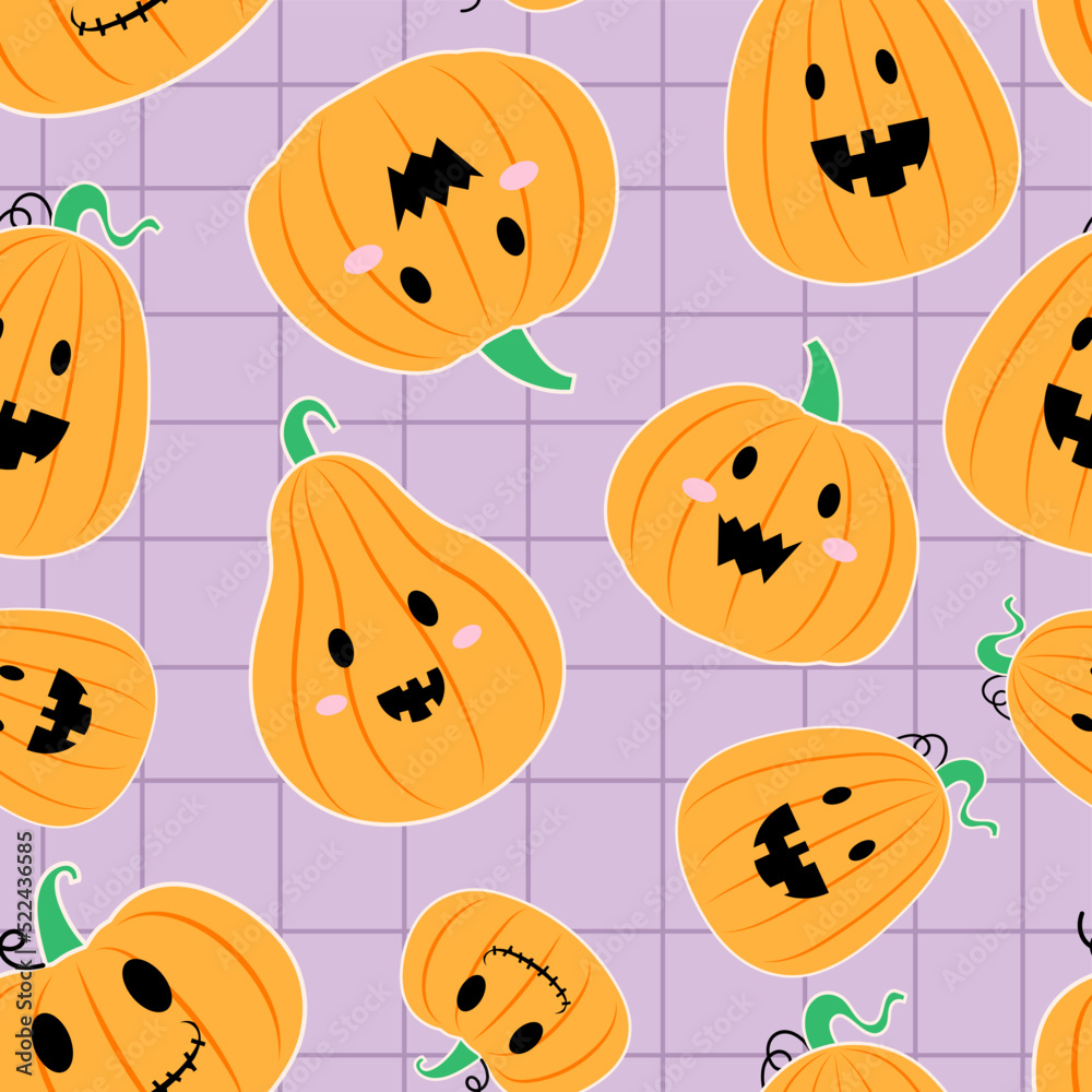 Happy Halloween. Seamless pattern with cartoon pumpkins. On a purple background. Hand drawn vector. Happy Halloween. Seamless pattern with cartoon pumpkins. On a purple background. Hand drawn vector.