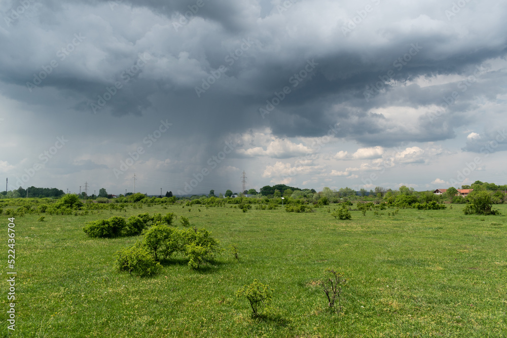 Shower from dramatic cloud over pasture with shrubs, stormy cloud with rain