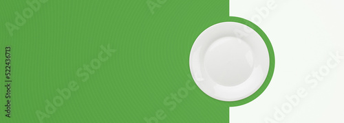 Empty food plate dish design horizontal banner template blank. Text area copy space place for text.  green geometric shapes