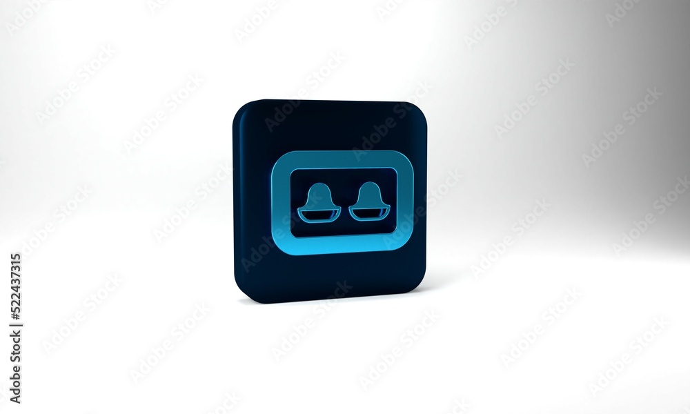 Blue Earplugs with storage box icon isolated on grey background. Ear plug sign. Noise symbol. Sleeping quality concept. Blue square button. 3d illustration 3D render Blue Earplugs with storage box icon isolated on grey background. Ear plug sign. Noise symbol. Sleeping quality concept. Blue square button. 3d illustration 3D render